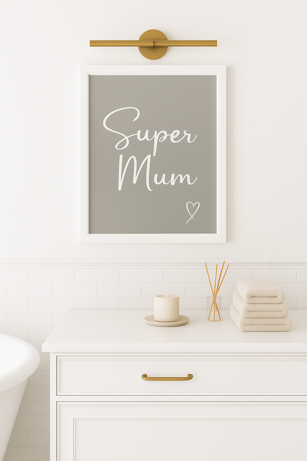 Framed artwork with 'Super Mum' text on a white wall above a dresser.