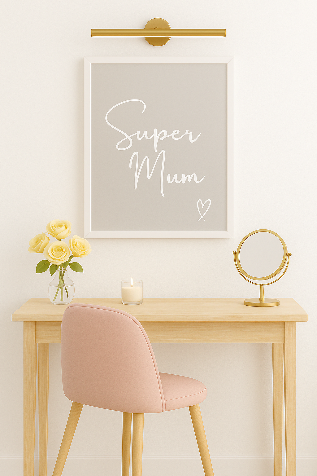Small desk with pink chair, yellow flowers, and 'Super Mum' poster on a light wall.