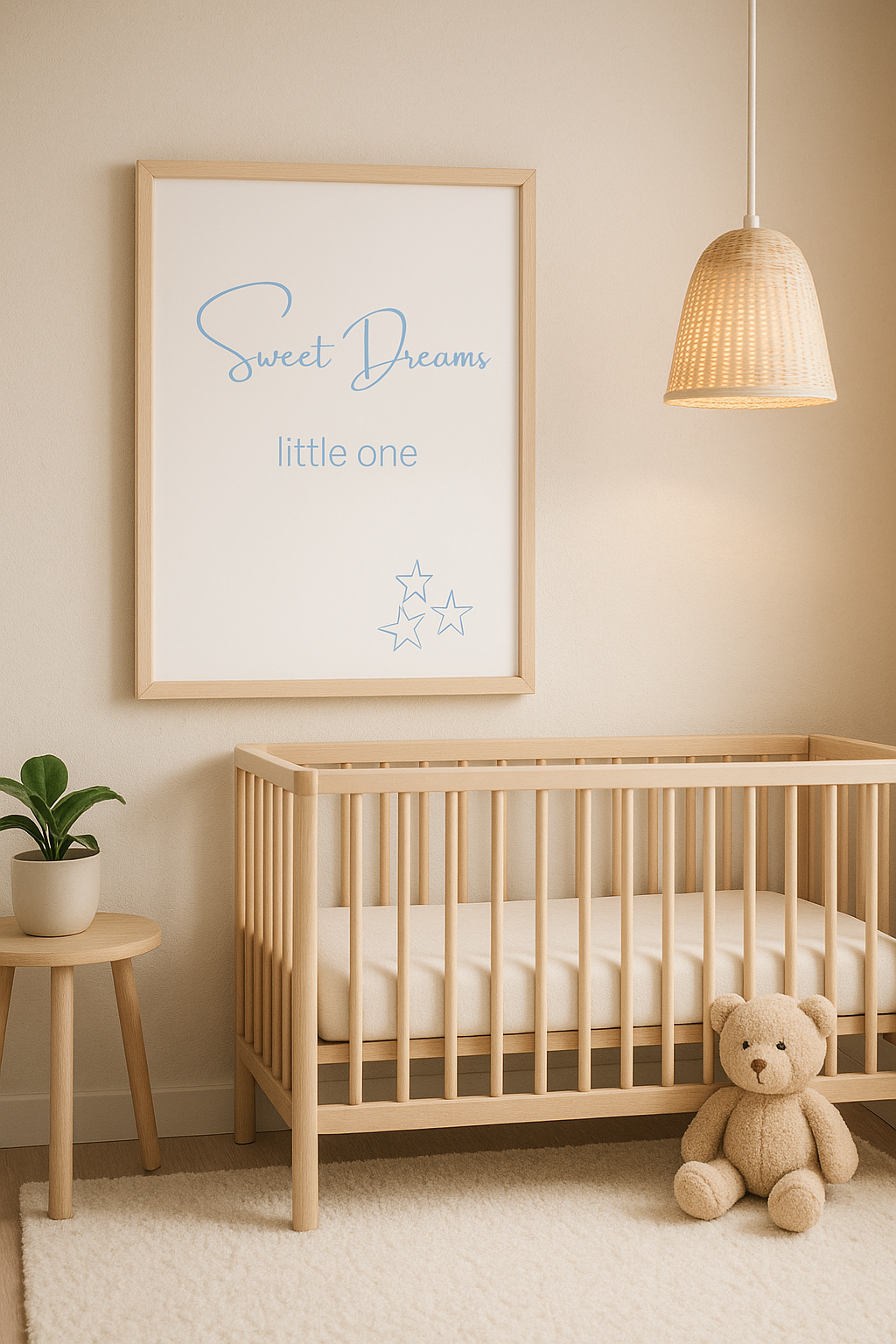 Sweet Dreams Little One Nursery Wall Art in Pastel Blue, shown in nursery