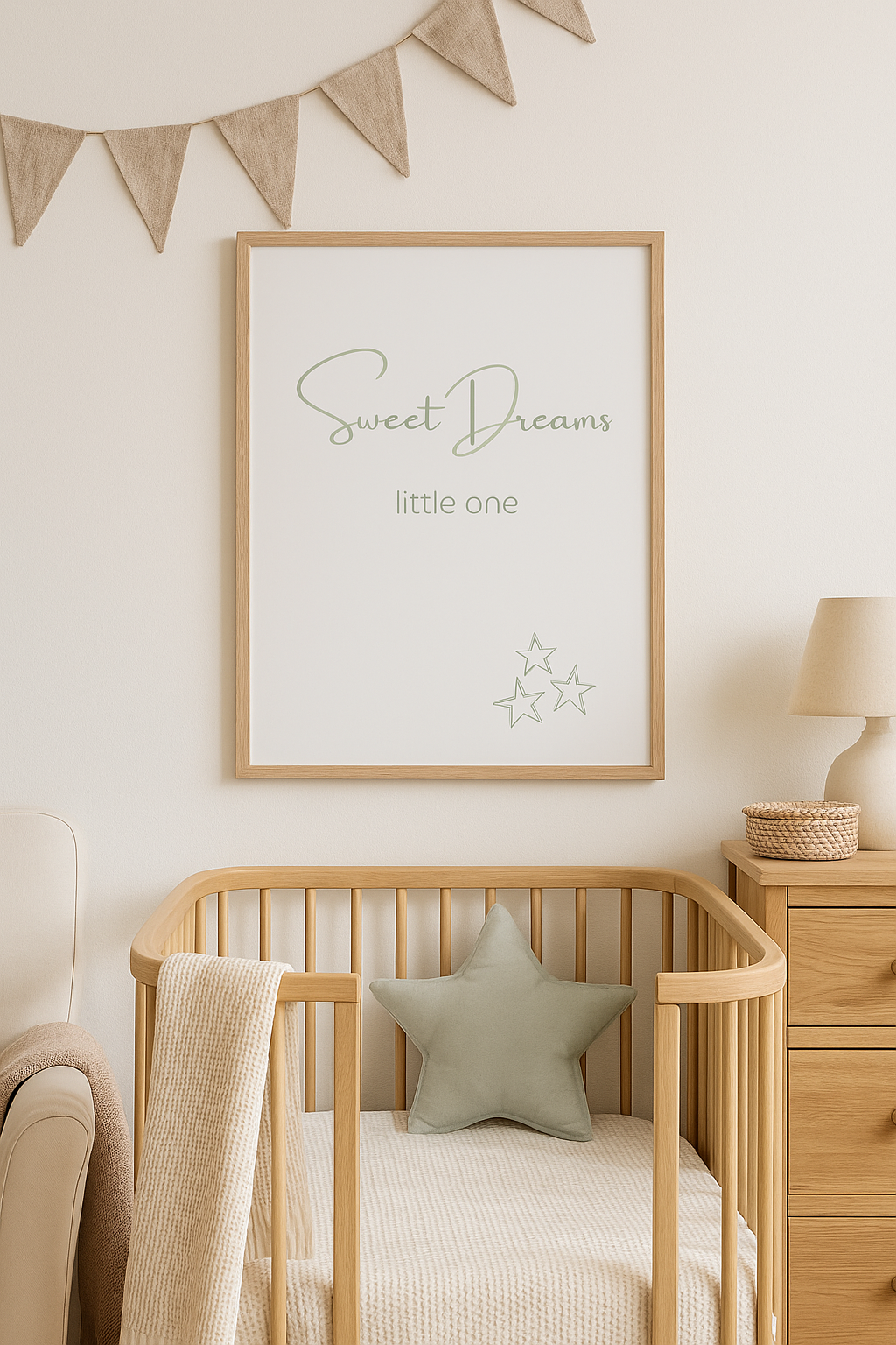 Sweet Dreams Little One Nursery Wall Art in Sage Green, shown in nursery