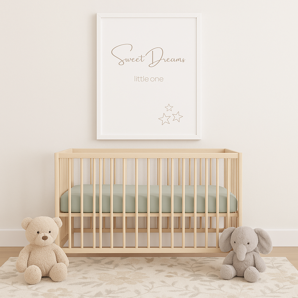 Sweet Dreams Little One Nursery Wall Art in Taupe, shown in nursery