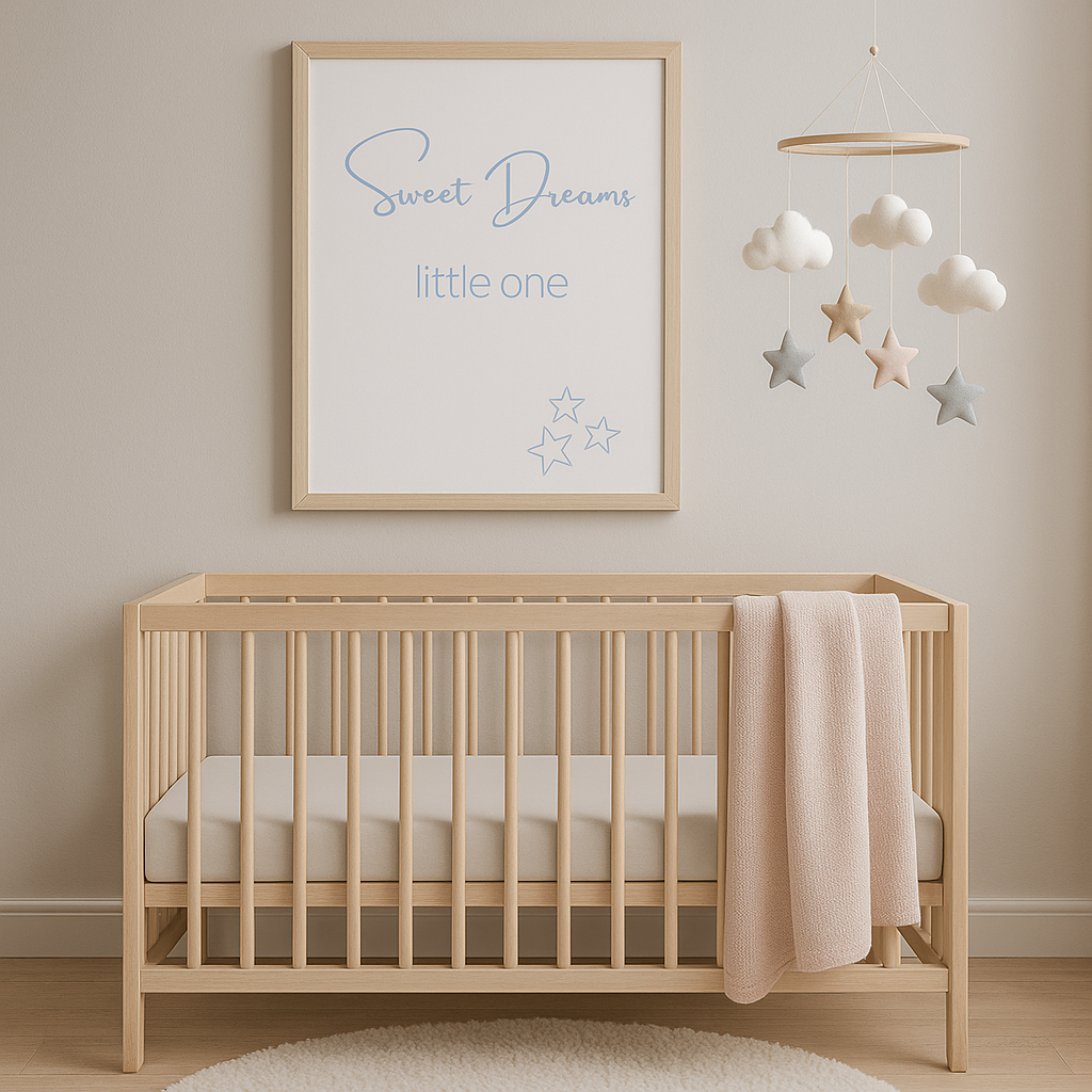 Sweet Dreams Little One Nursery Wall Art in Pastel Blue, shown in nursery