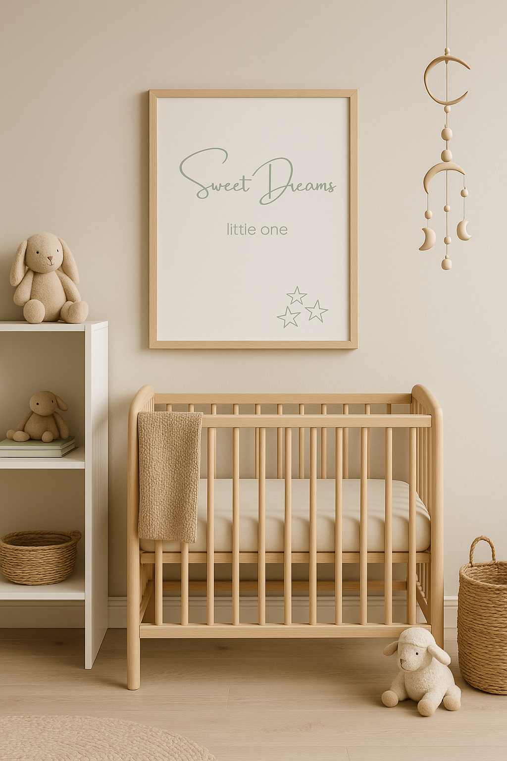 Sweet Dreams Little One Nursery Wall Art in Sage Green, shown in nursery