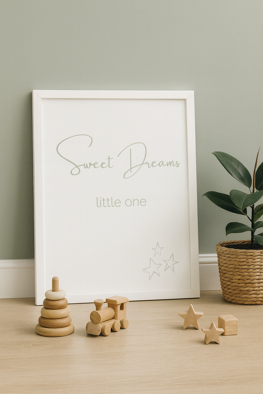 Sweet Dreams Little One Nursery Wall Art in Sage Green, shown in nursery