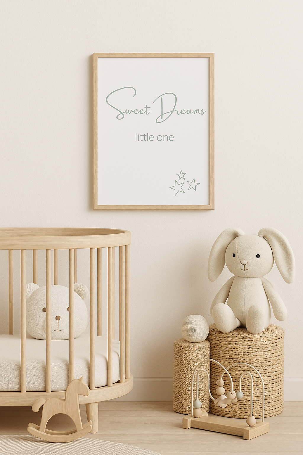 Sweet Dreams Little One Nursery Wall Art in Sage Green, shown in nursery