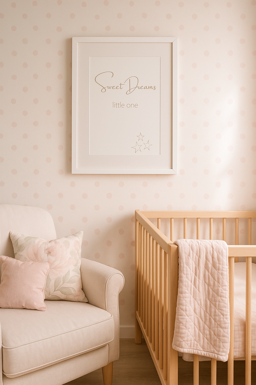 Sweet Dreams Little One Nursery Wall Art in Taupe, shown in nursery