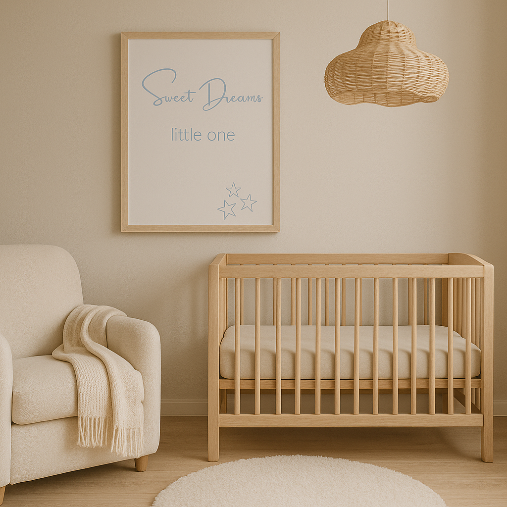 Sweet Dreams Little One Nursery Wall Art in Pastel Blue, shown in nursery