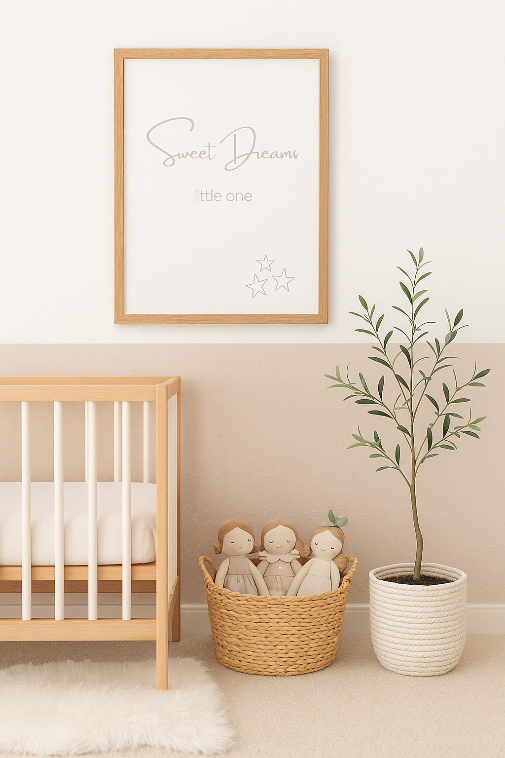 Sweet Dreams Little One Nursery Wall Art in Taupe, shown in nursery
