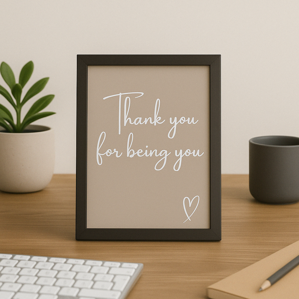 Framed print with 'Thank you for being you' text on a desk with a plant and mug.