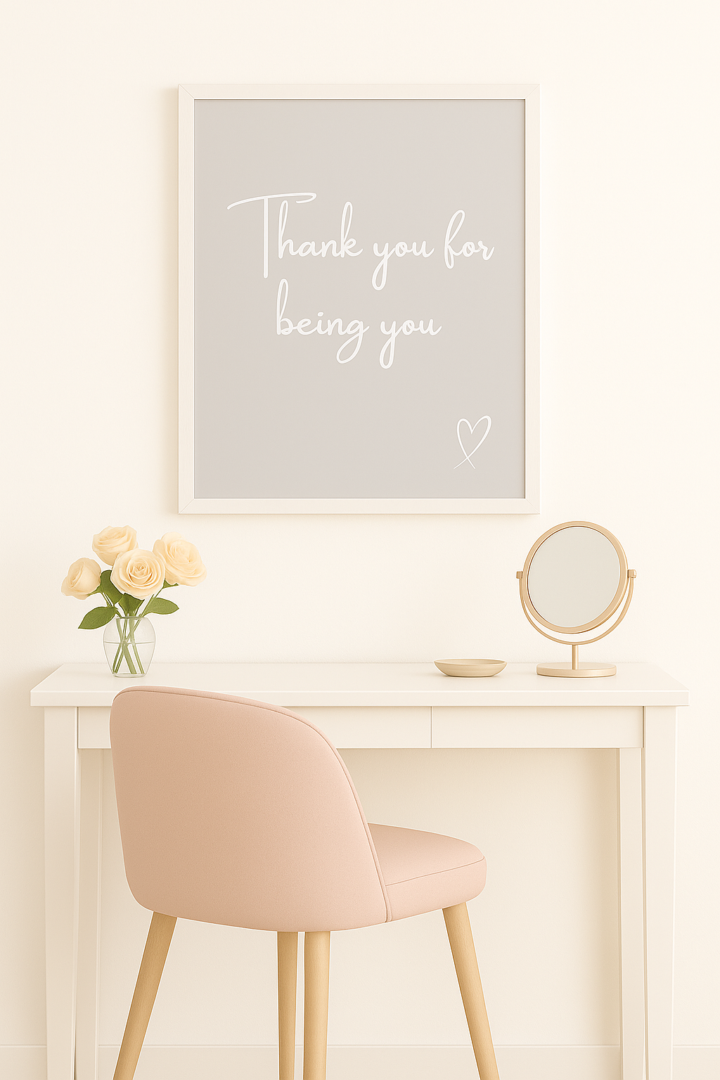 Small desk with a chair, flowers, and a mirror with a motivational poster on a light background saying ''thank you for being you''