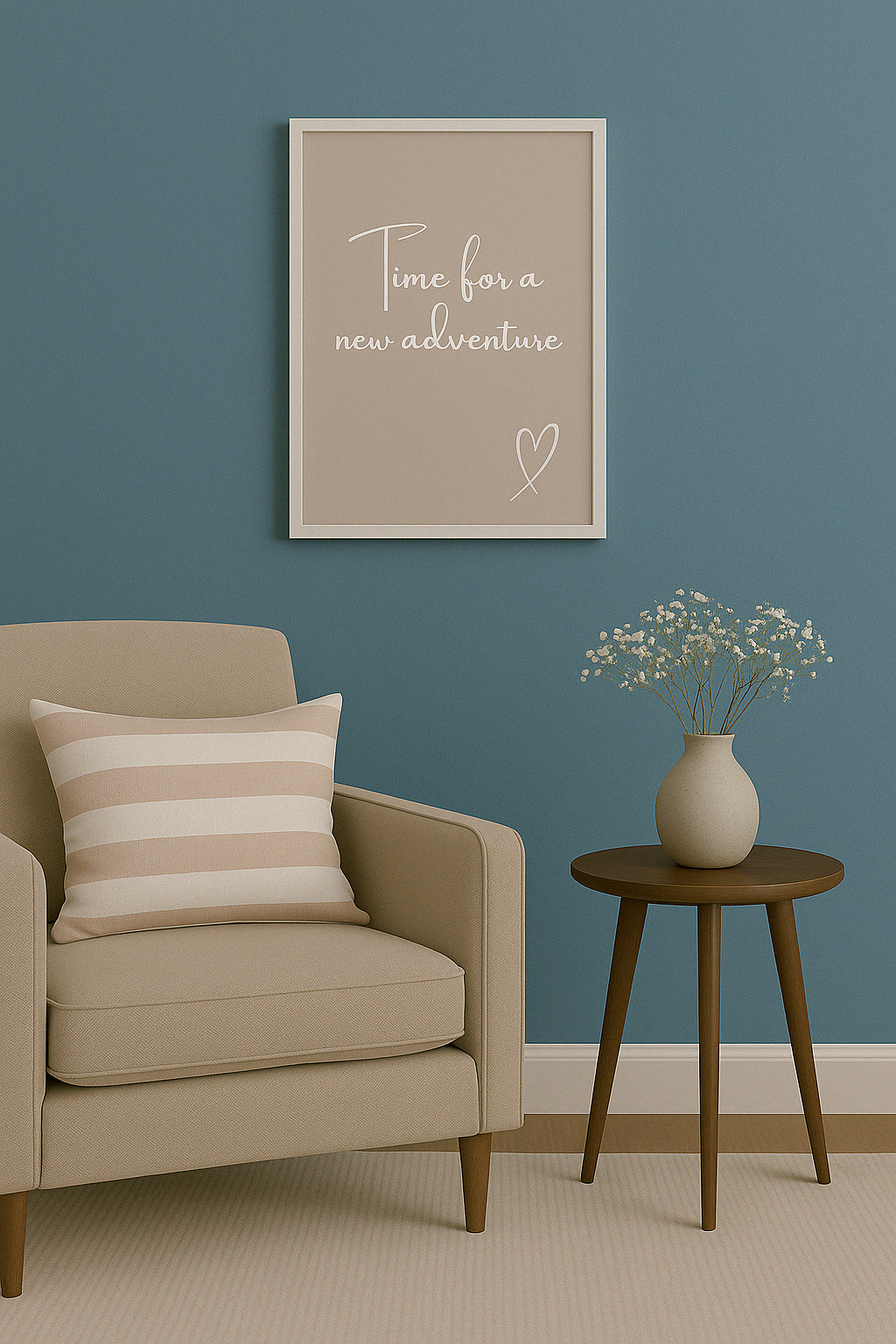 Beige armchair with striped pillow and small table with vase against a blue wall with framed quote ''Time for a New Adventure''