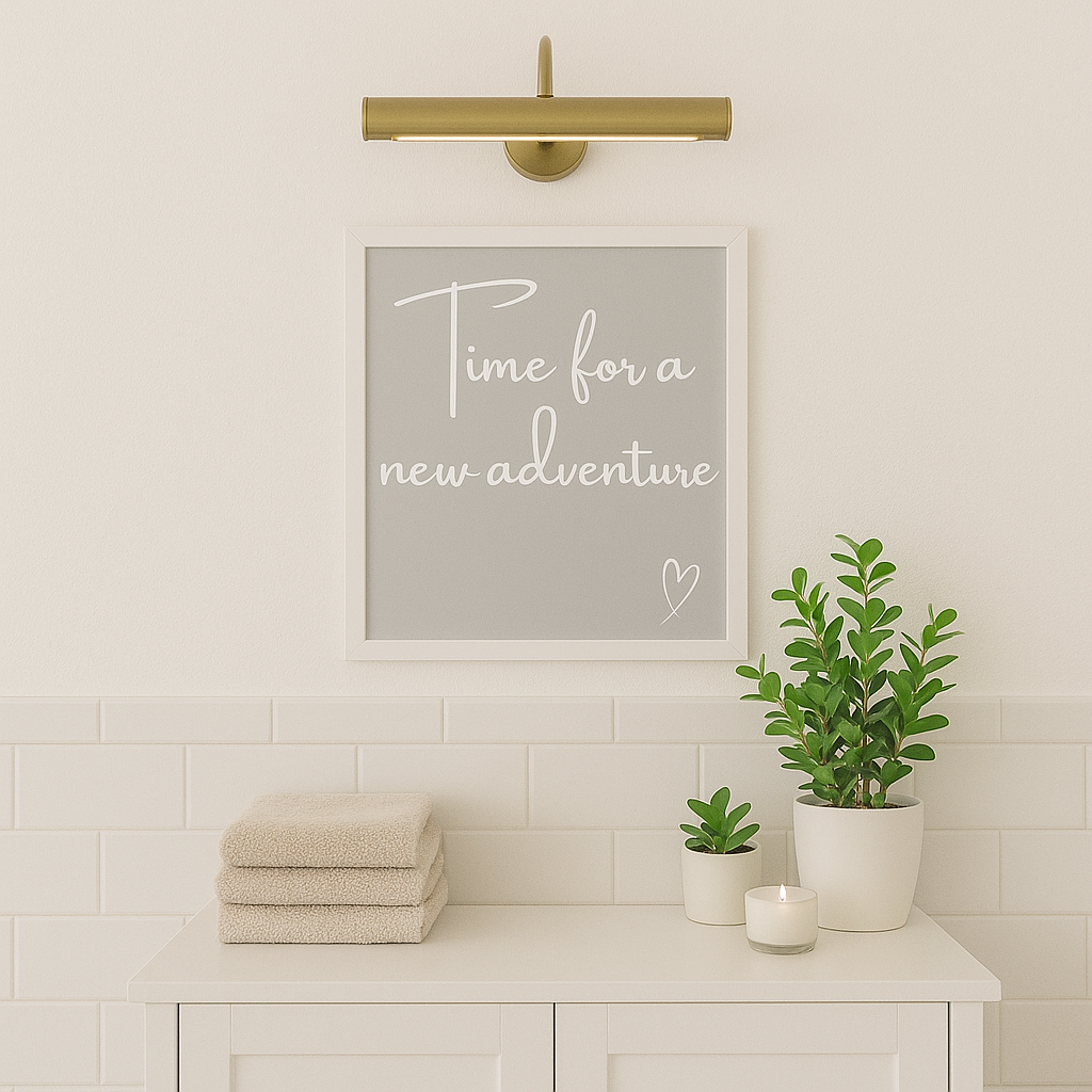 Decorative sign with 'Time for a new adventure' text on a wall above a cabinet with towels and plants.
