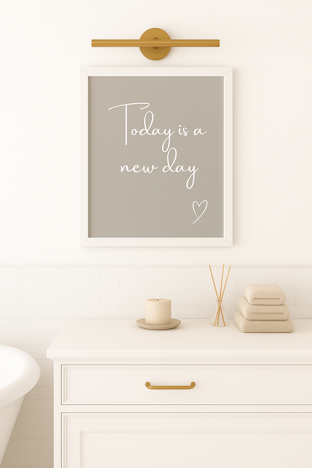 Framed motivational poster ''Today is a New Day'' on a wall above a white dresser with decor items.