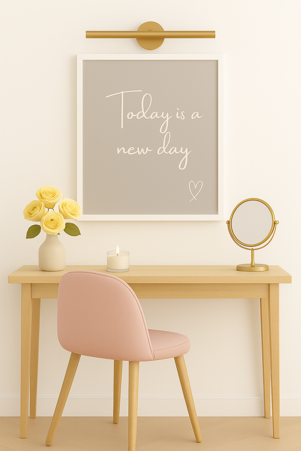 Small wooden desk with pink chair, framed quote on wall ''Today is a New day'', and decorative items.