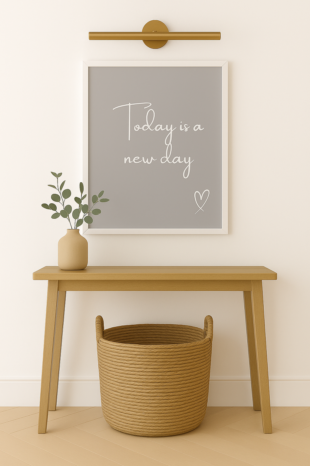 Wooden table with a woven basket and a plant, featuring a motivational poster on the wall ''today is a new day''