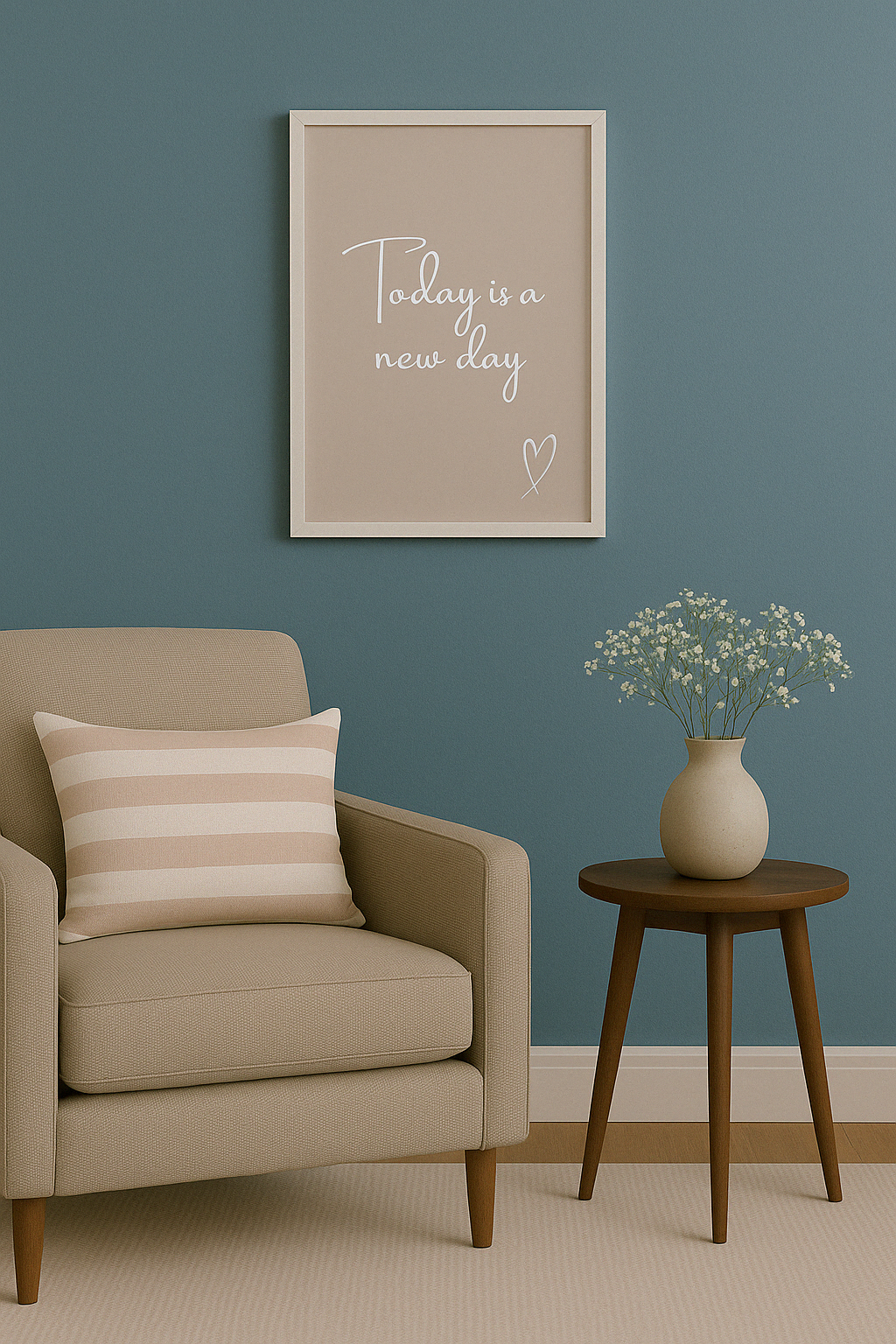 Beige armchair with striped pillow and framed quote above saying ''today is a new day'', against a teal wall with a small table and vase of flowers.