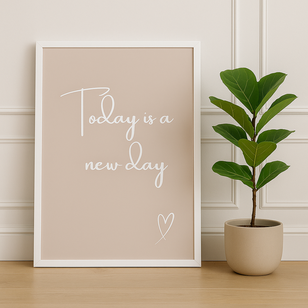 Framed print with 'Today is a new day' text next to a potted plant on a wooden floor.
