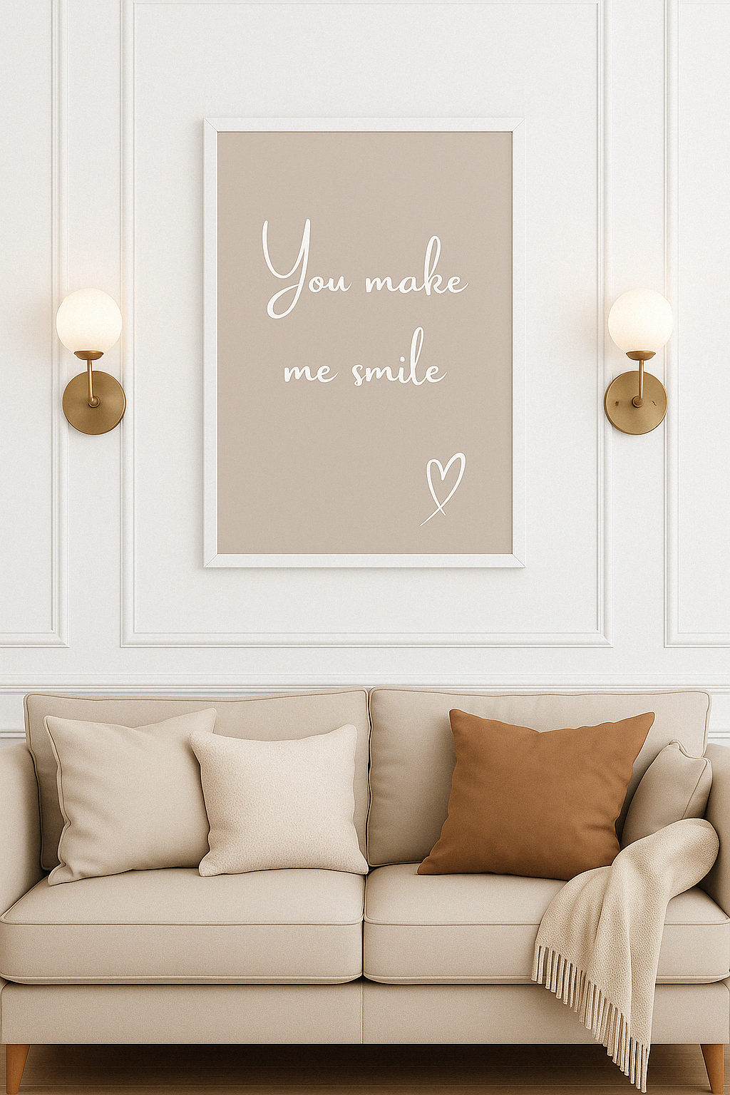 Beige sofa with decorative pillows and a framed quote 'you make me smile'' on a wall in a living room.