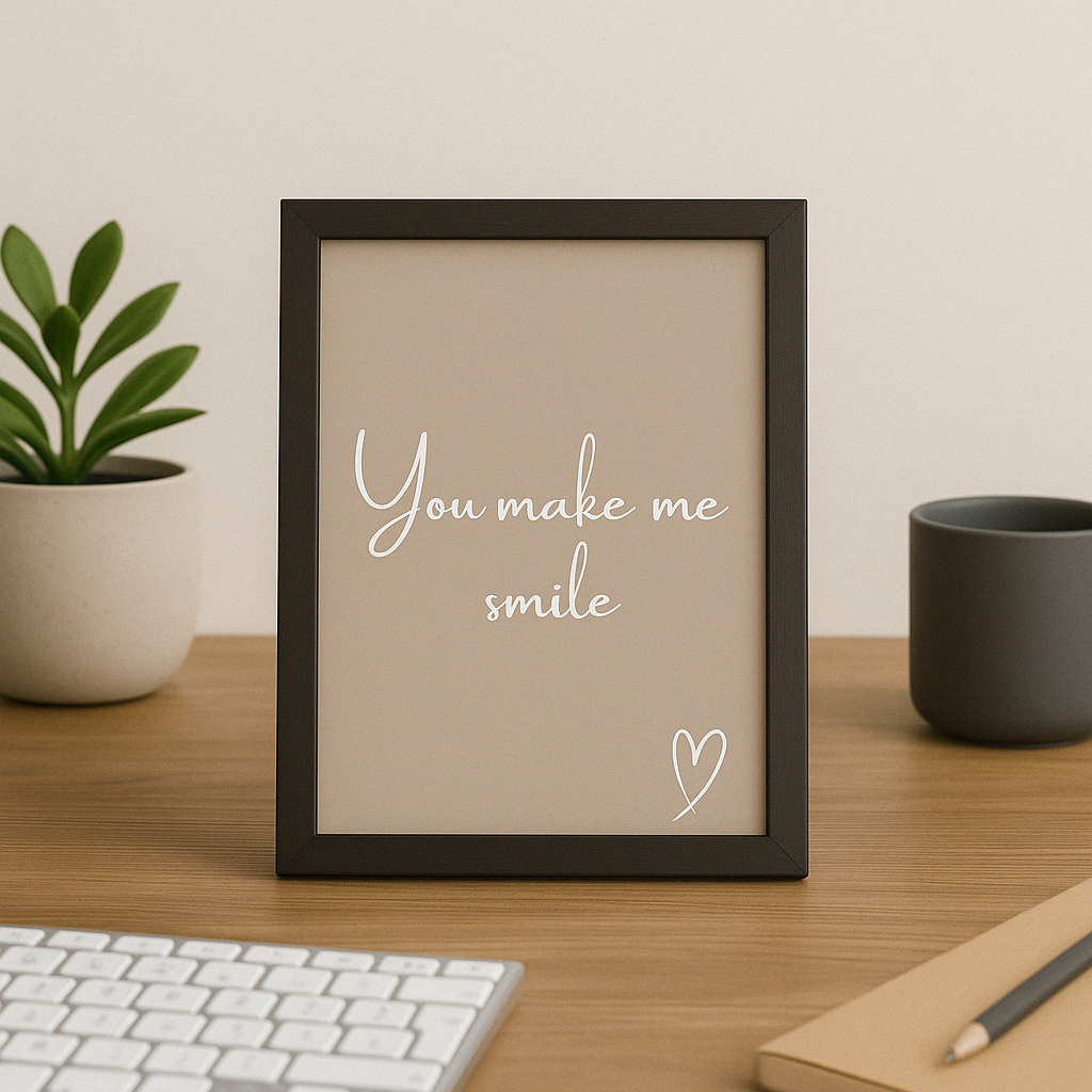 Framed print with 'You make me smile' text on a desk with a plant and mug.