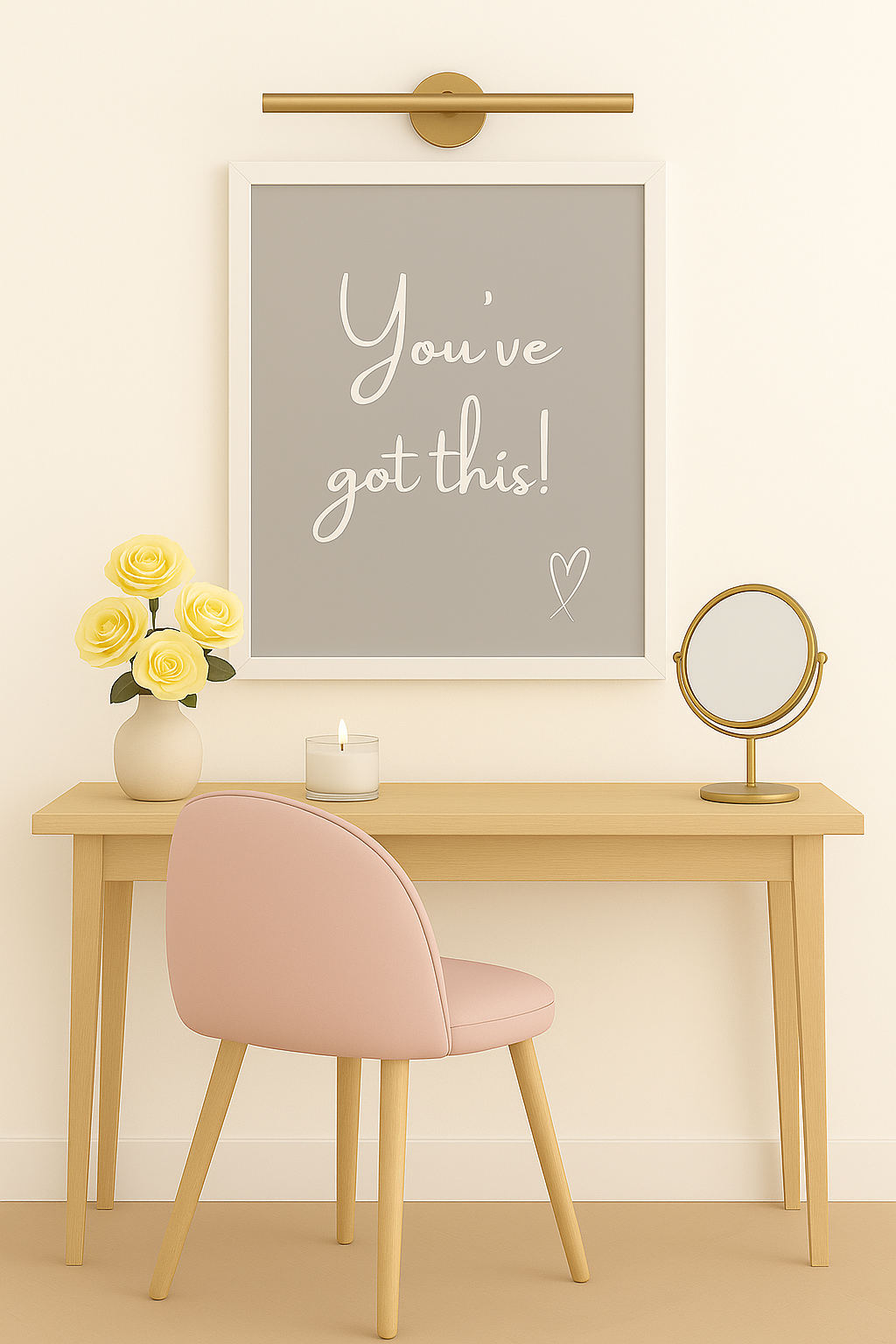 Wooden desk with pink chair, framed poster ''You've got this'', and decorative items in a room.