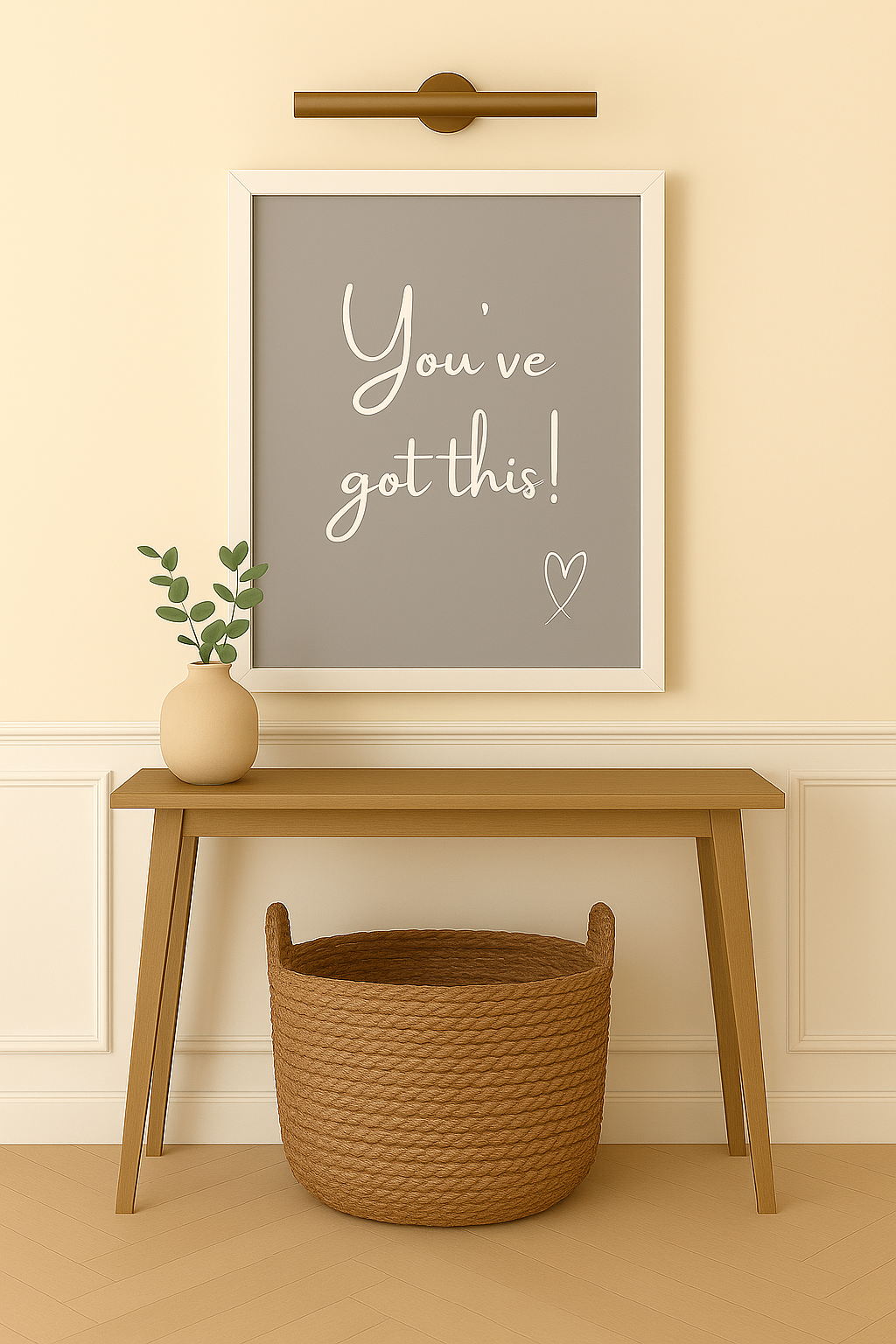 Decorative wall art with motivational quote 'You've got this!' on a light beige wall above a wooden table.